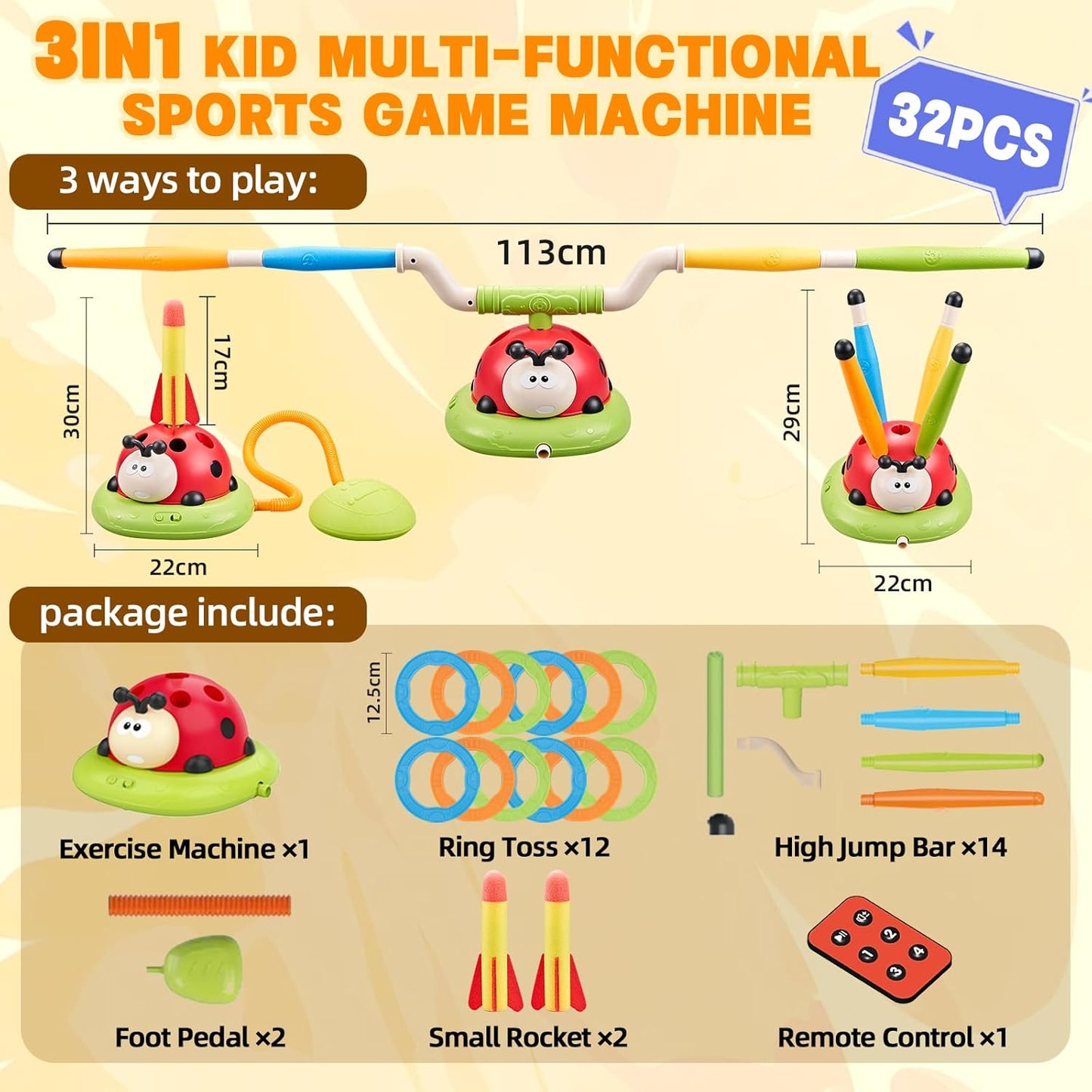 3-in-1 Ladybug Action Game Set – Rocket Launcher, Musical Jump & Ring Toss for Kids